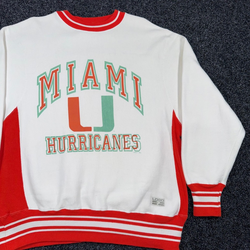 Vintage 1990s Logo 7 Miami Hurricanes Crewneck Sweatshirt White Orange Large